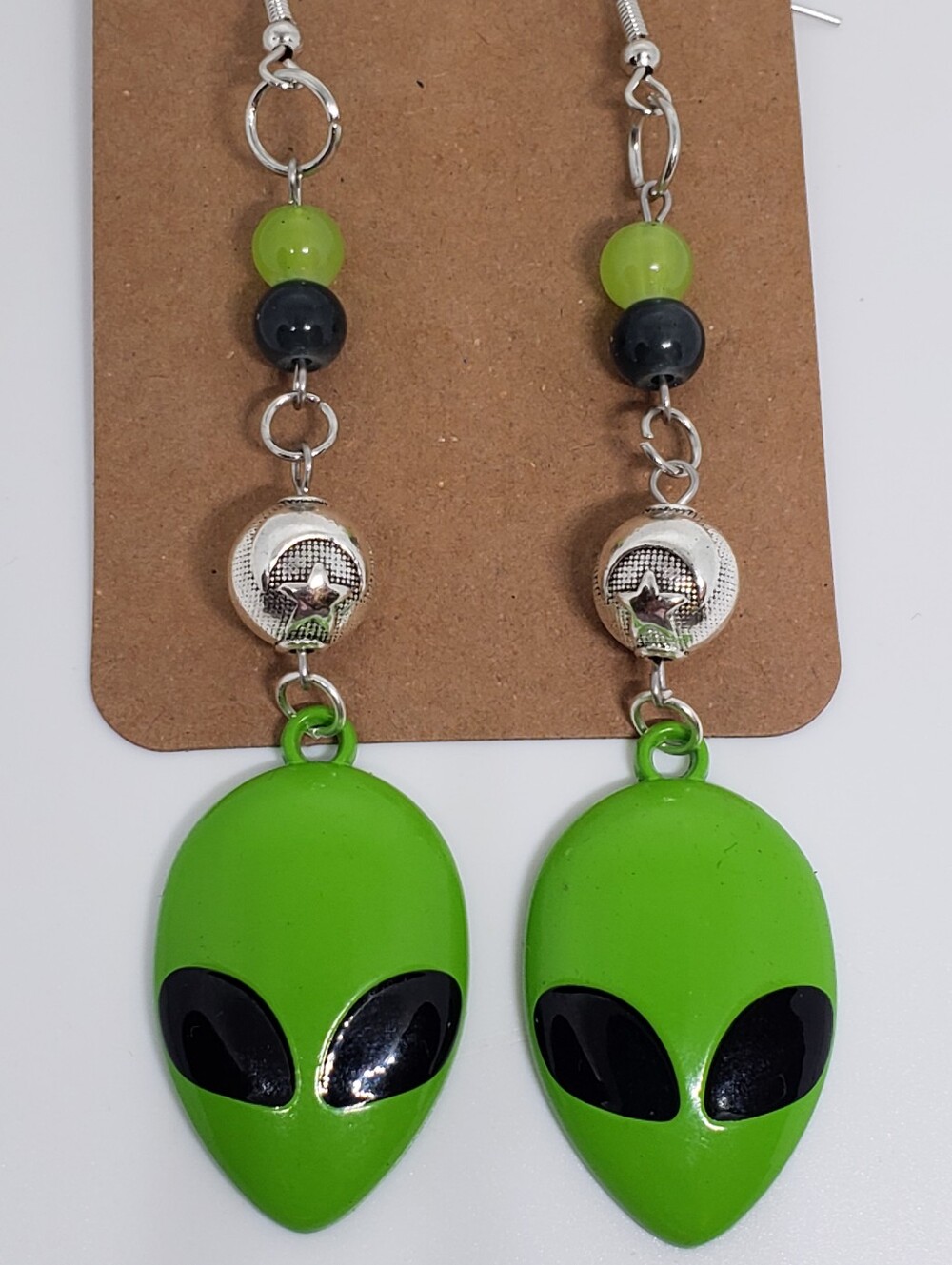 Handmade Beaded Metal Celestial Green Alien Earrings